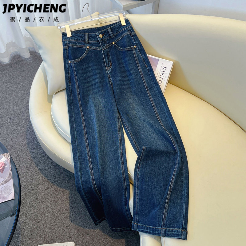 复古蓝阔腿牛仔裤女2025新款秋季美式高腰显瘦九分直筒裤梨型身材