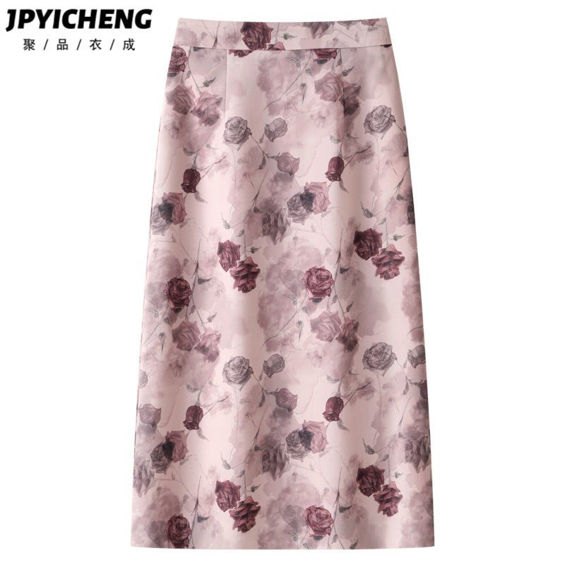 碎花西装半身裙女2025新款冬季中长款高腰后开叉直筒包臀裙子半裙
