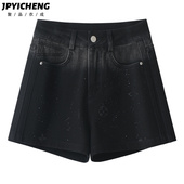 女2025新款 宽松阔腿裤 冬季 黑色牛仔短裤 爆款 烫钻磨白A字裤 子热裤