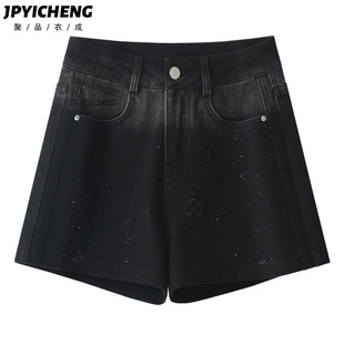 黑色牛仔短裤女2025新款冬季爆款烫钻磨白A字裤宽松阔腿裤子热裤