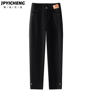 黑色直筒牛仔裤女2025新款冬季爆款翻边高腰显瘦窄版小脚烟管裤子