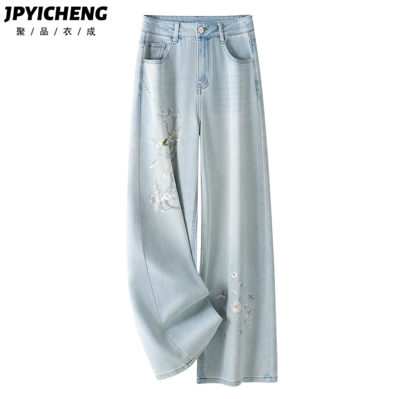 浅色刺绣窄版直筒牛仔裤女2025新款夏季爆款慵懒松弛宽松阔腿裤子