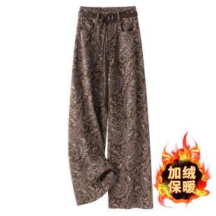 美式复古印花阔腿牛仔裤女2025新款冬季加绒高腰显瘦窄版直筒裤子