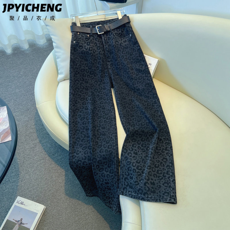 深色豹纹阔腿牛仔裤女2025新款冬季美式复古高腰宽松拖地直筒裤子