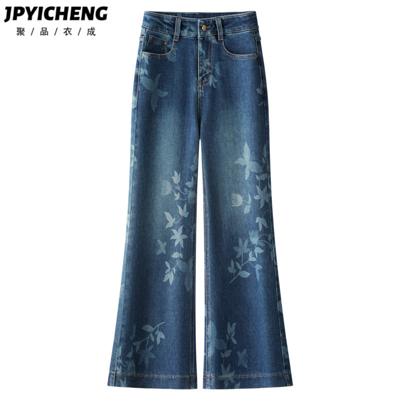 复古印花阔腿牛仔裤女2025新款冬季高腰显瘦宽松慵懒风垂感喇叭裤