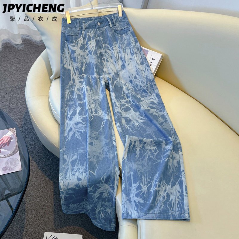 浅蓝色印花牛仔裤女2026新款春季爆款拖地直筒长裤复古宽松阔腿裤