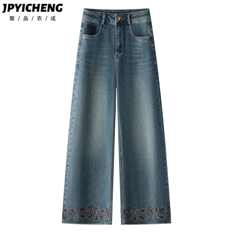 复古刺绣牛仔裤女2025新款冬季小个子高腰直筒裤九分宽松阔腿裤子