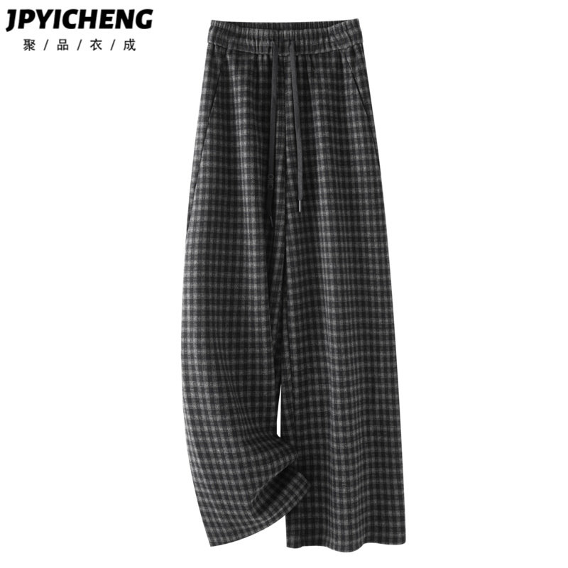 黑灰格运动阔腿裤女2025新款冬季休闲卫裤高腰宽松显瘦垂感直筒裤