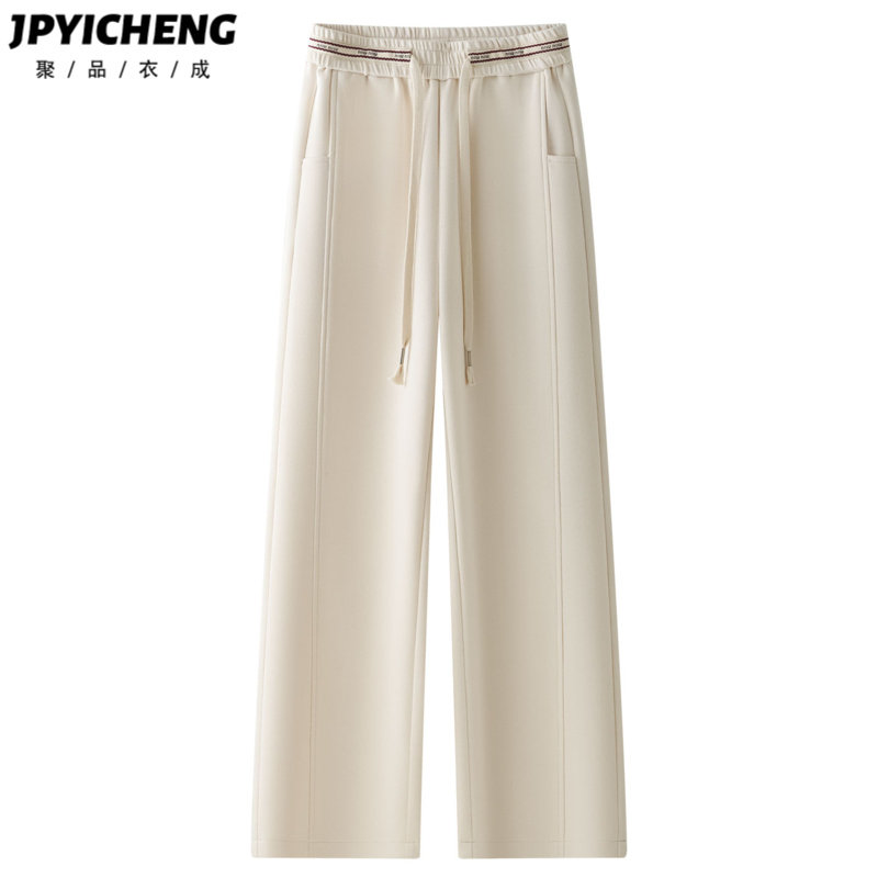 米白色直筒裤子女2025新款冬季运动休闲裤松紧腰慵懒风宽松阔腿裤