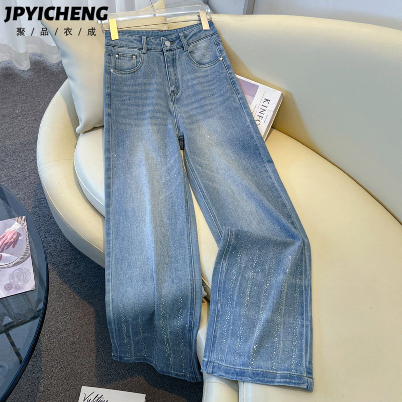 浅蓝色烫钻直筒牛仔裤女2026新款春季爆款复古高腰宽松拖地阔腿裤