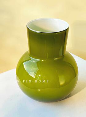 橄榄绿色大口径花瓶中古风复古简约插花装饰摆件茶几桌面琉璃花器