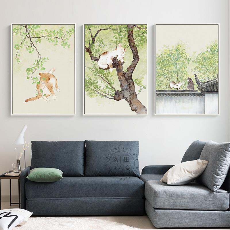 日式简约创意装饰画猫咪卧室背景中国风客厅现代墙画树家庭挂画图片