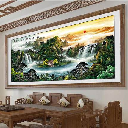 5d钻石画2024新款满钻靠山风水十字绣客厅山水风景画砖石秀办公室