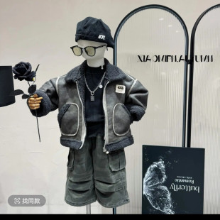 男童皮衣皮毛一体毛毛机车外套2026秋冬新款儿童皮草加厚夹克外套