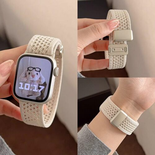 适用苹果iWatchs11表带applewatch10手表s9夏季透气款s8编织磁吸扣s7女款智能s5腕表夏季日链se2替换s10腕带