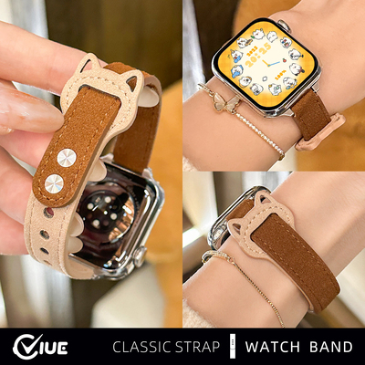 适用苹果iwatch S11手表带applewatch s10毛绒双钉猫耳皮质s9冬季新年款s8智能s7高级感s6女款替换腕带ultra3