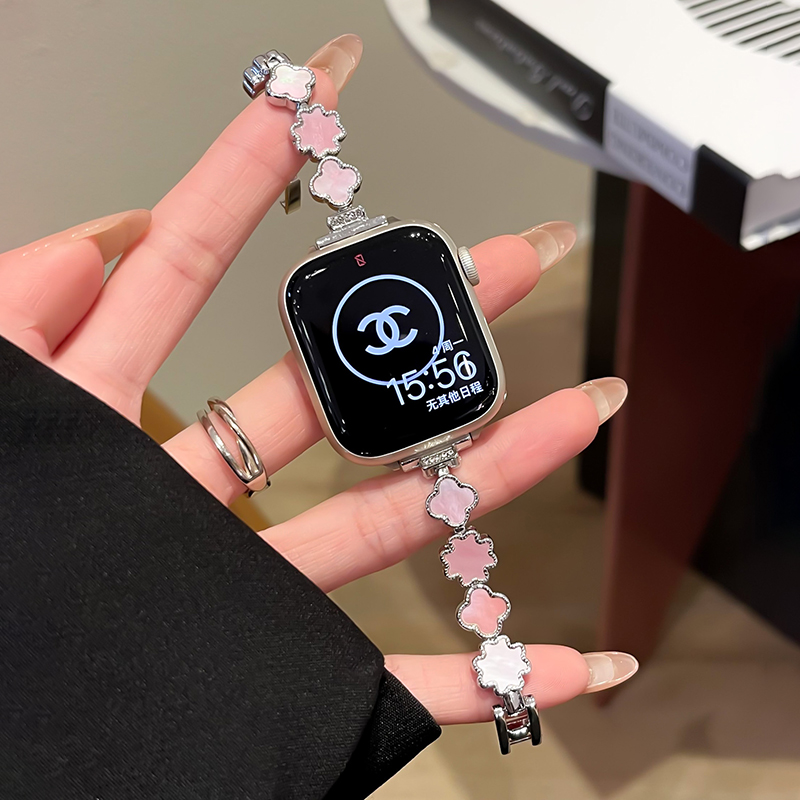 适用iwatch10苹果手表表带applewatch9链式夏季S10手表贝母镶钻S8金属S7透气S6代SE女款高级玫瑰金色腕表带