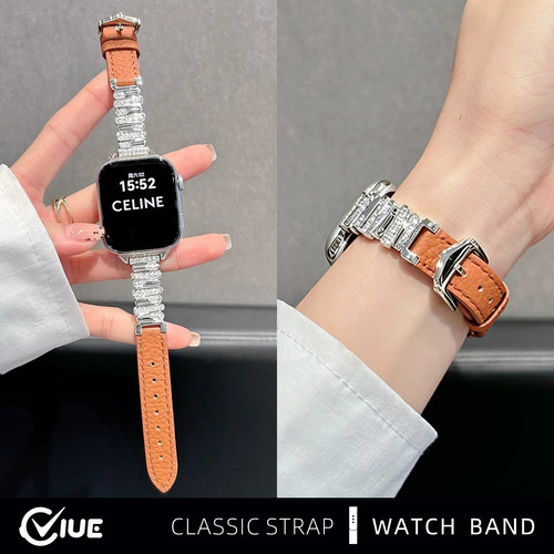 适用苹果iwatchS11/S12手表表带applewatchs10不规则镶钻拼皮质s9/8/7荔枝纹金属se3秋冬高级ultra4替换腕带