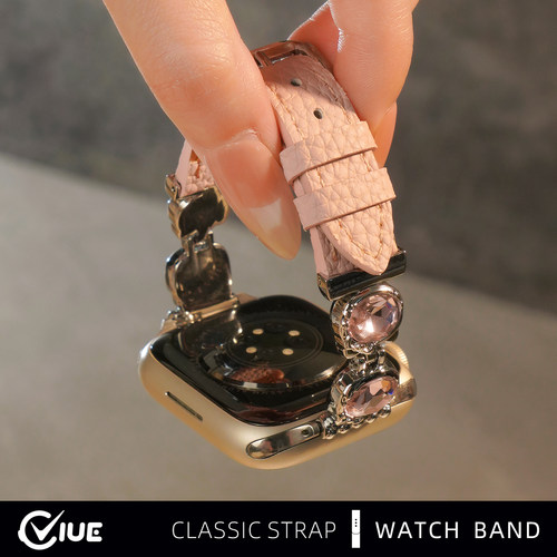 适用苹果iwatch11手表表带S9女s10施华洛applewatch9秋冬高级感S8镶钻S7荔枝纹皮质S6代SE智能替换腕带