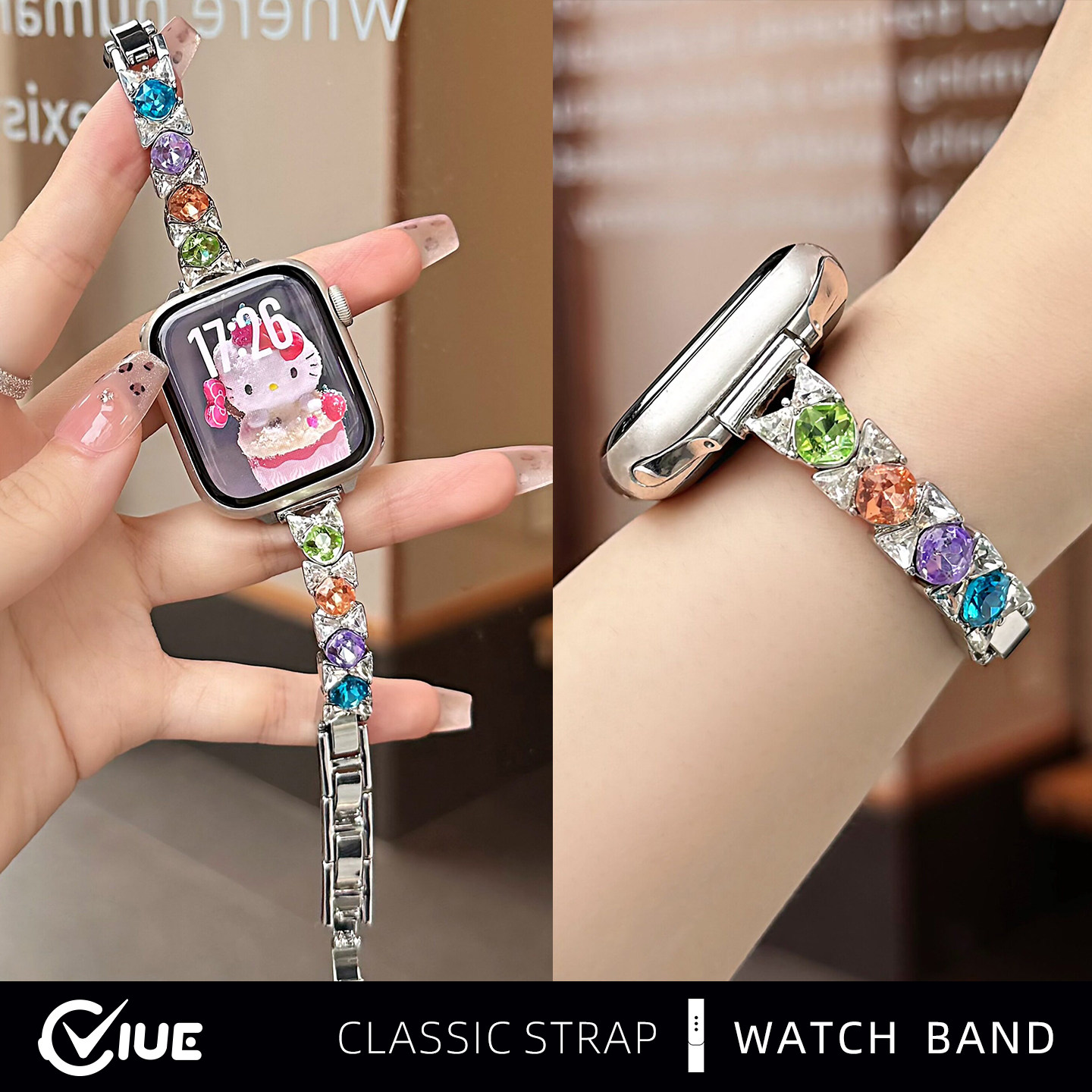 适用苹果applewatch s11手表带s10蝴蝶结锆石镶钻s9夏天女生新款S8高级感s7金属链式s6智能替换腕表带42/45mm