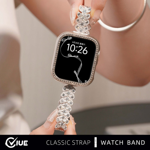 适用苹果applewatchs11/S12手表带iwatchs10夏天新款流光满钻锆石s9全铜金属表带s8女生s7细款蝴蝶扣s6智能