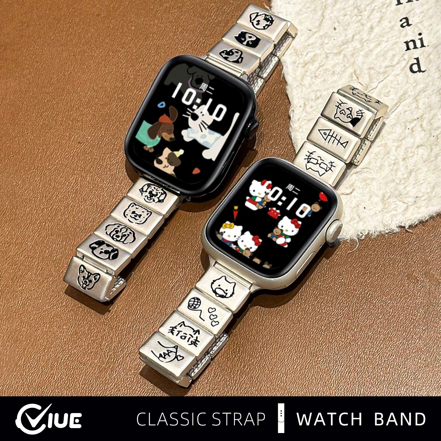 适用苹果s12手表s11表带iwatch S9夏季applewatch9手表S10智能S8卡通金属印花7猫咪S7透气S6代SE女款冬腕带