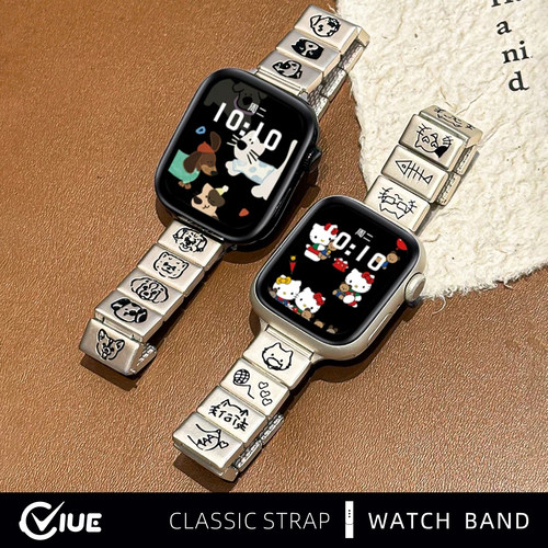 适用苹果手表s11表带iwatch S9夏季applewatch9手表S10智能S8卡通金属印花7猫咪小狗S7透气S6代SE女款冬腕带