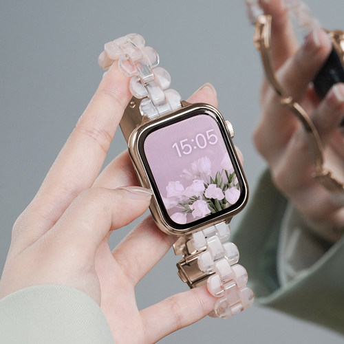 适用苹果iwatchs11手表带S9树脂表带s10代智能applewatch9夏季透气S8椭圆树脂S7拼真皮S6代SE3女款高级链腕带