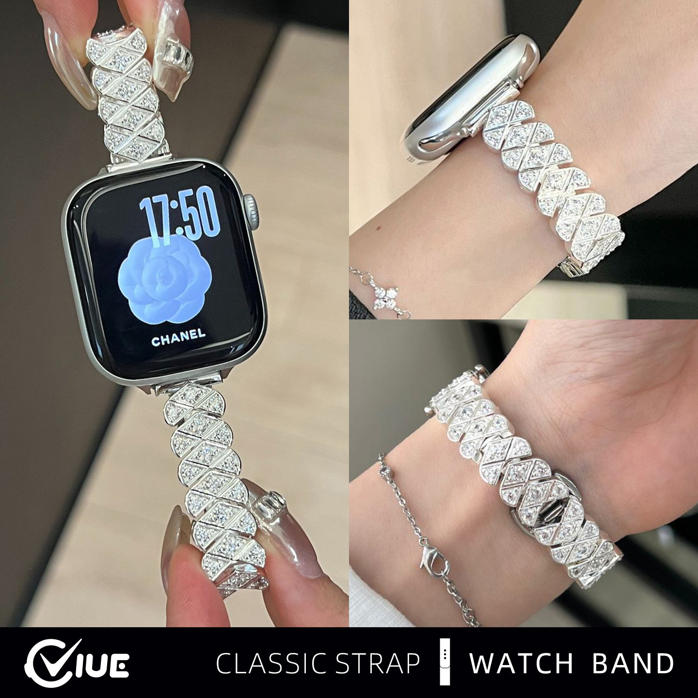 适用苹果iwatch s11手表带applewatchs10流光满钻锆石鱼尾s9全铜金属表带s8夏天新款女生s7细款蝴蝶扣s6智能