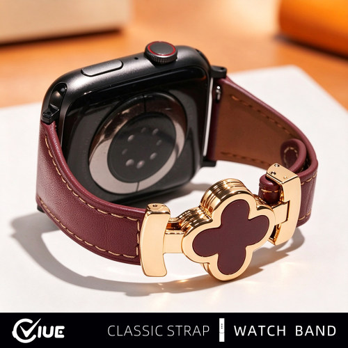 【勃艮第酒红】适用苹果手表S12表带iwatch s11四叶草s11真皮S9表带s10磁吸扣s10智能applewatch9秋冬S8/S7链