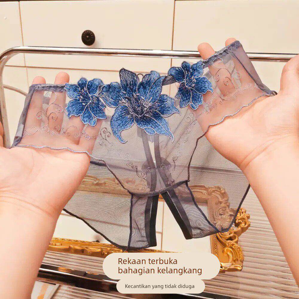 2024新品夏季薄款刺绣镂空开档网纱透明性感内裤女无痕低腰