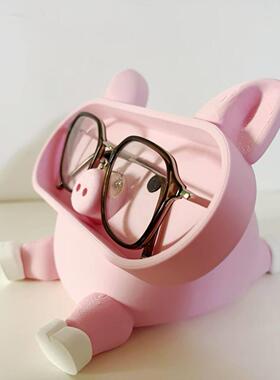 小猪眼镜支架收纳盒手机支架摆件创意装饰品卧室书房办公室桌面