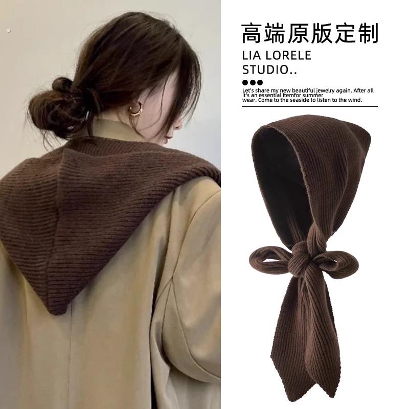 连帽围脖一体式纯色针织帽子女冬季防寒保暖韩版氛围感护耳针织帽