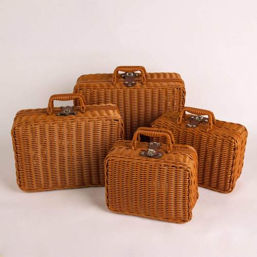 复古仿藤编织手提箱网红拍照道具田园野餐篮子收纳箱子伴手礼篮子