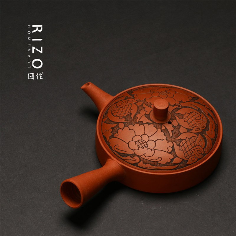 日本进口常滑烧侧把泡茶壶甚秋陶苑伊藤成二朱泥冰茶壶寒雨扁急须