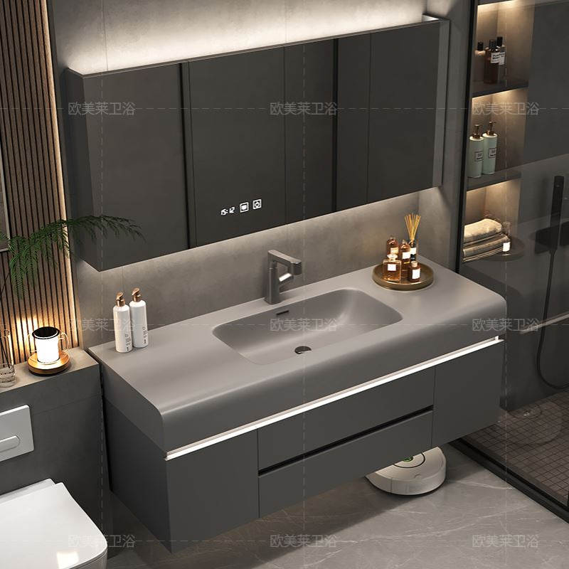 奶油风卫生间洗脸绮美石肤感一体盆浴室柜洗漱洗手池台盆圆角组合