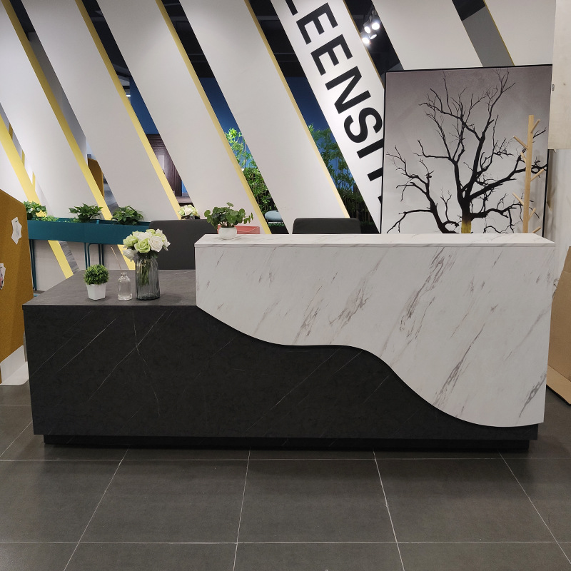 仿大理石公司前台桌接待台简约现代商用3.6m办公服务台柜台迎宾台