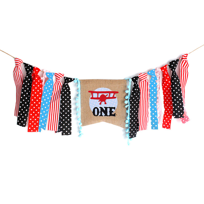 厂家直供 宝宝生日周岁派对装饰串旗餐椅旗彩色布条麻布ONE拉花