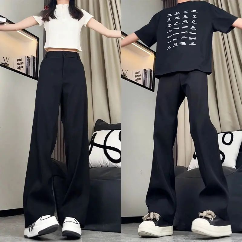 夏季薄款显瘦垂感微喇休闲小西裤男女款黑色宽松百搭韩版直筒裤子