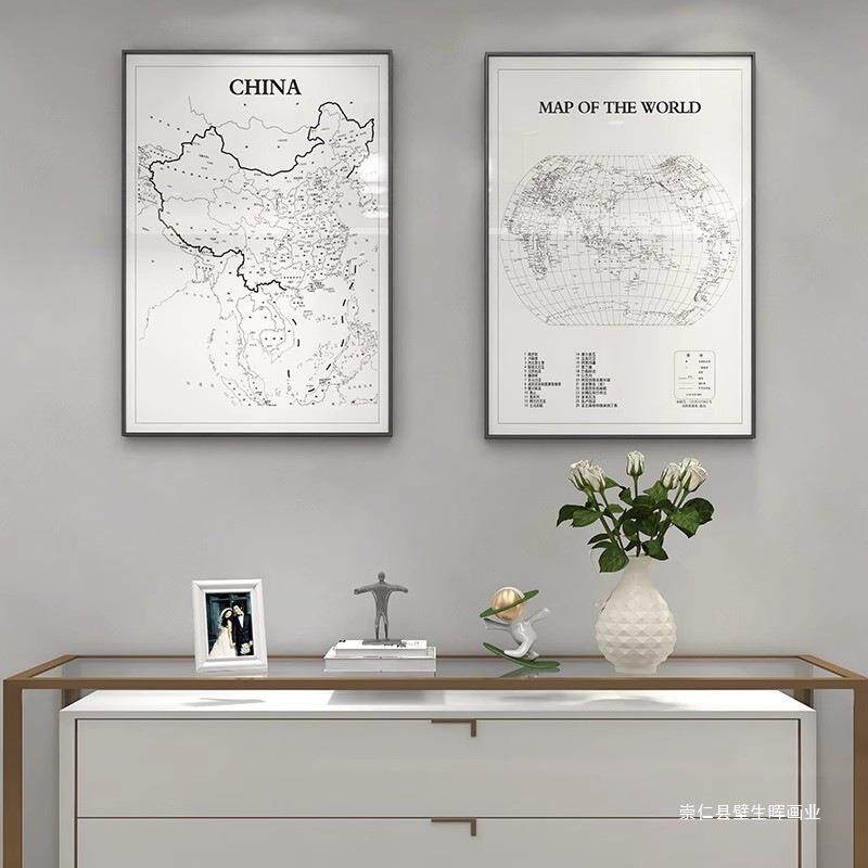 竖版黑白线中国世界地图挂画可标记玄关书房餐厅民宿客厅装饰画图片