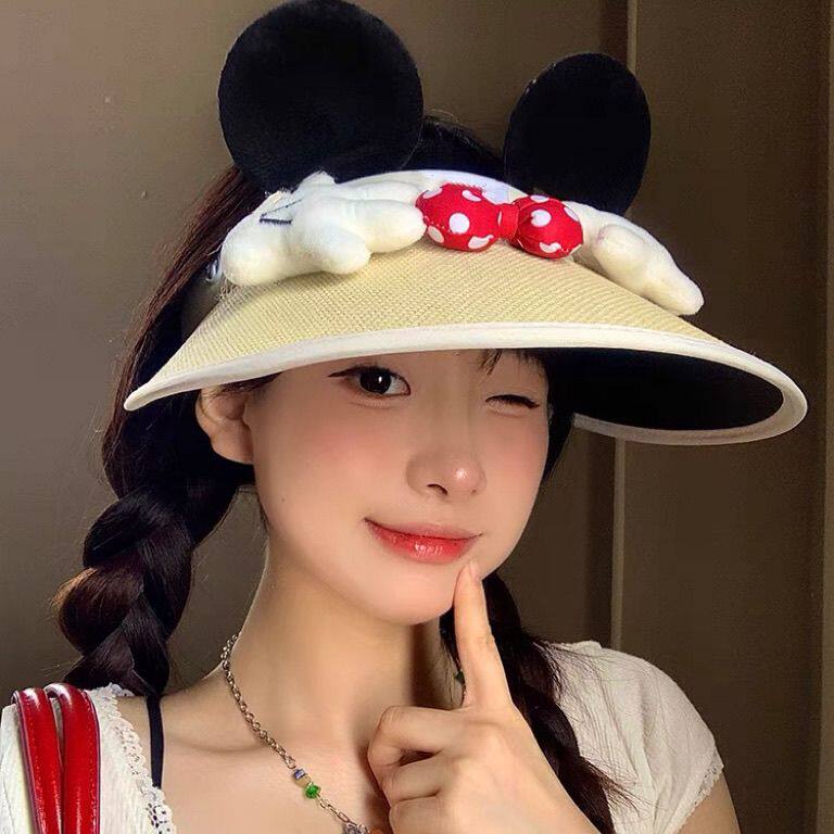 可爱蝴蝶结米奇立体耳朵亲子空顶防晒草帽女夏季户外遮阳防紫外线