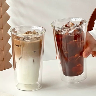 简约透明双层隔热玻璃咖啡杯喝水杯子果汁杯气泡水冷萃拿铁饮品杯
