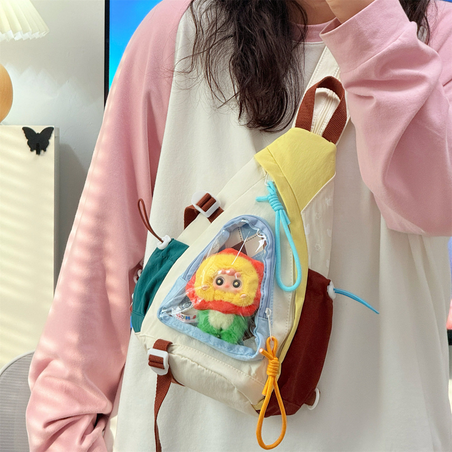 儿童多巴胺撞色多功能胸前包新款二次元痛包女孩子休闲斜挎双肩包
