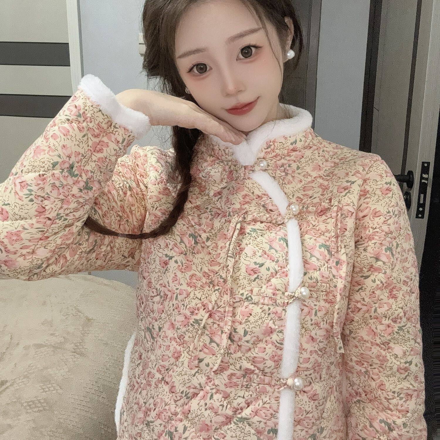 加绒加厚外套休闲服棉袄冬季保暖棉衣碎花新款风中国棉袄网红古风