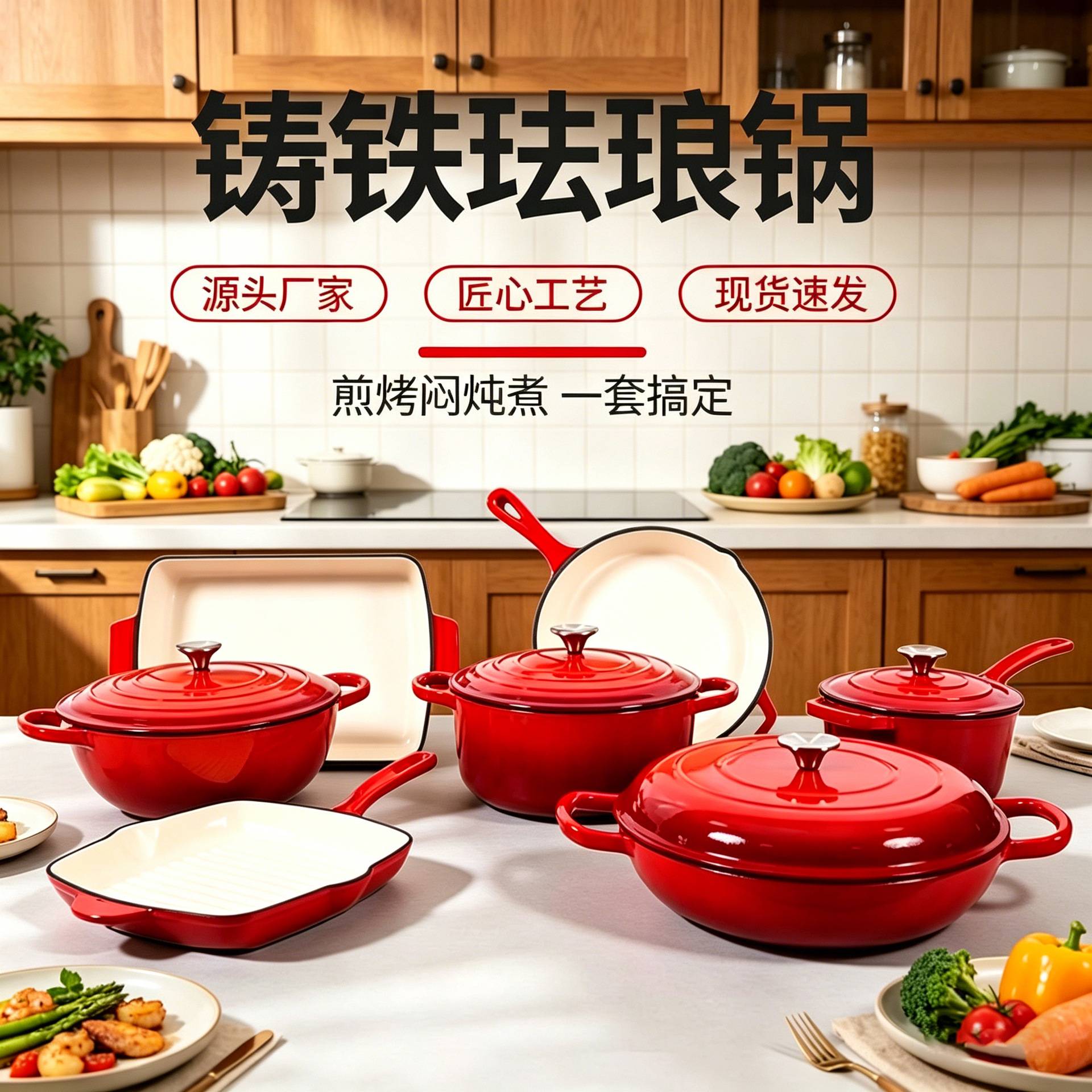 铸铁搪瓷锅珐琅锅五件套家用炖锅煲汤锅多功能不粘砂锅双耳锅现货