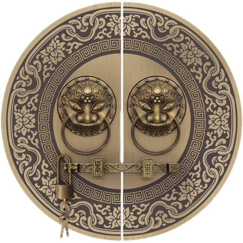 大门虎头兽头中式仿古铜把手圆形狮子头木门门锁门环纯铜拉手复古