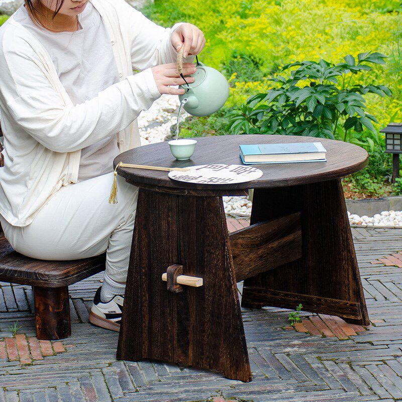 实木小茶几民g宿家用榻榻米中古风茶桌椅可拆卸茶台阳台庭院矮圆