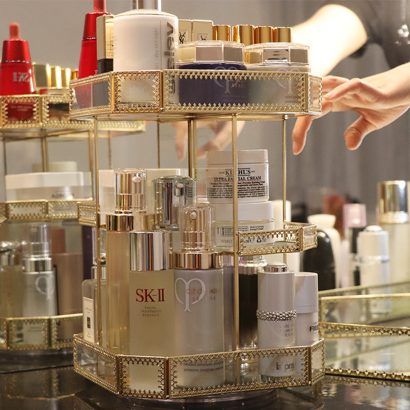 欧式玻璃旋转化妆品架子收纳盒桌面多层香水梳妆台口红整理置物架