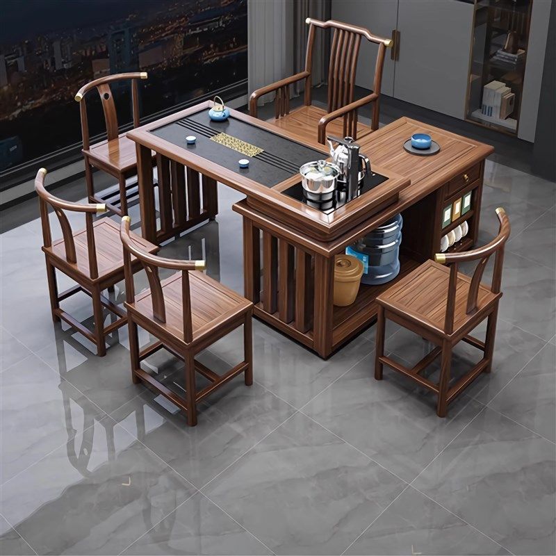 阳台旋转茶桌移动小茶台实木茶几泡茶F烧水壶一体嵌入式全自动小