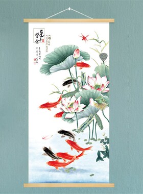 九鱼图招财挂画时来运转锦鲤玄关装饰画K卷轴沙发电表箱生财客厅